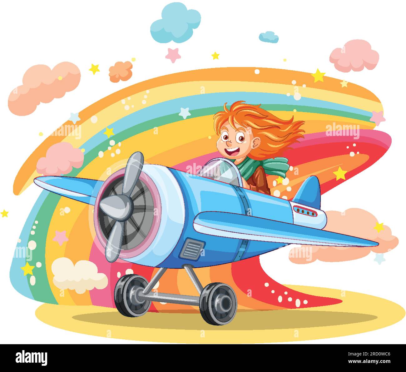 Girl pilot flying airplane with rainbow on the background illustration ...