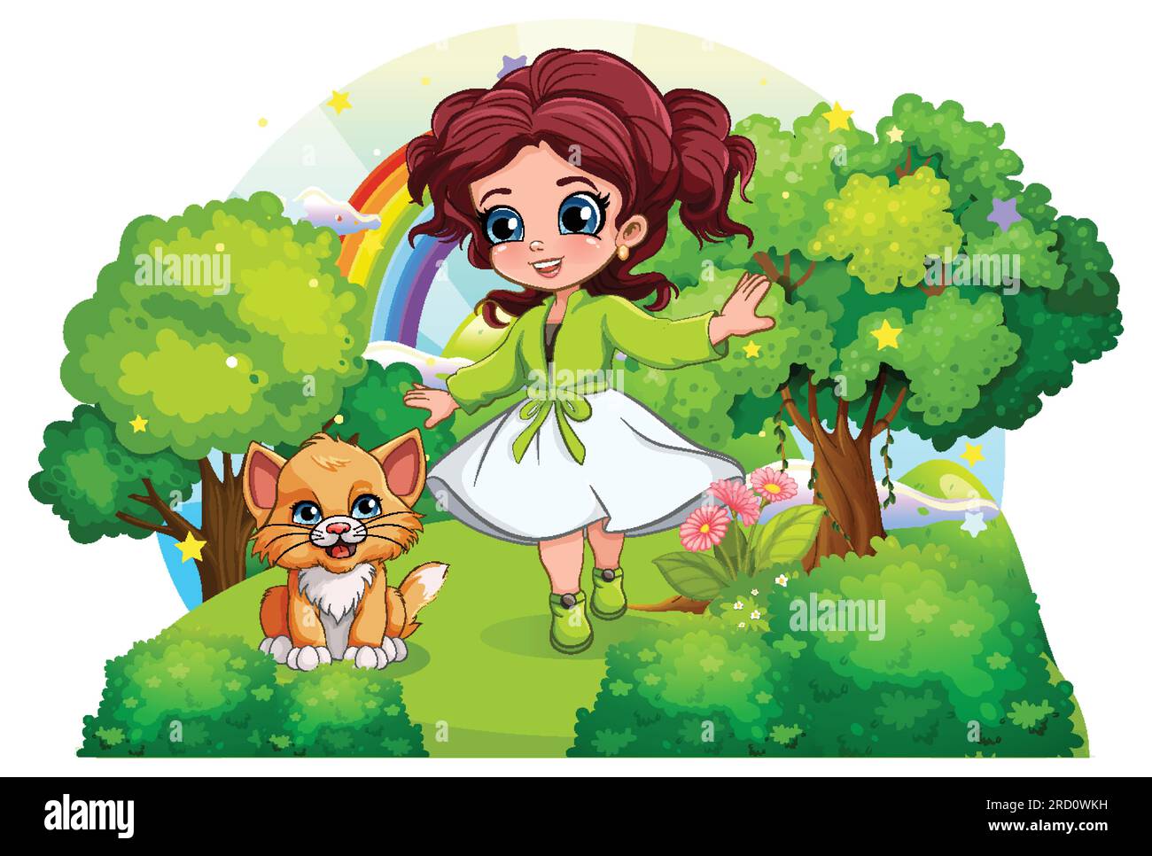 A girl playing with her cat in the park illustration Stock Vector Image ...