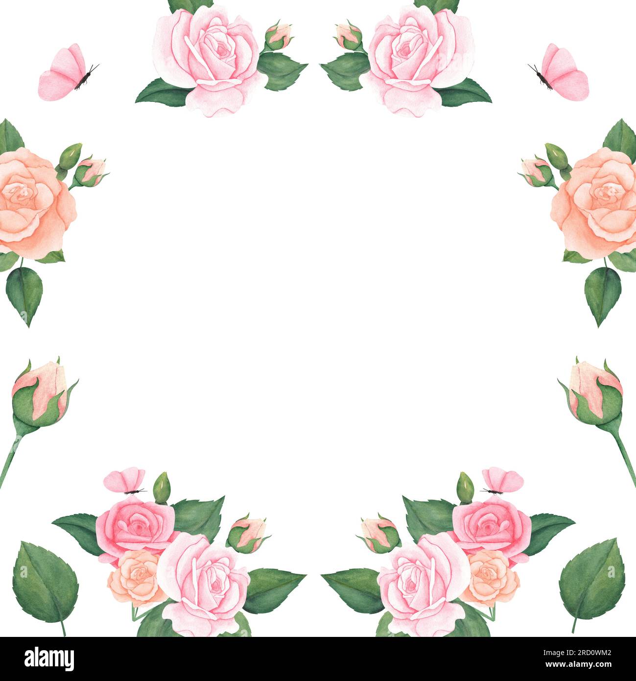 watercolor frame of pink and peach flowers with leaves and buds