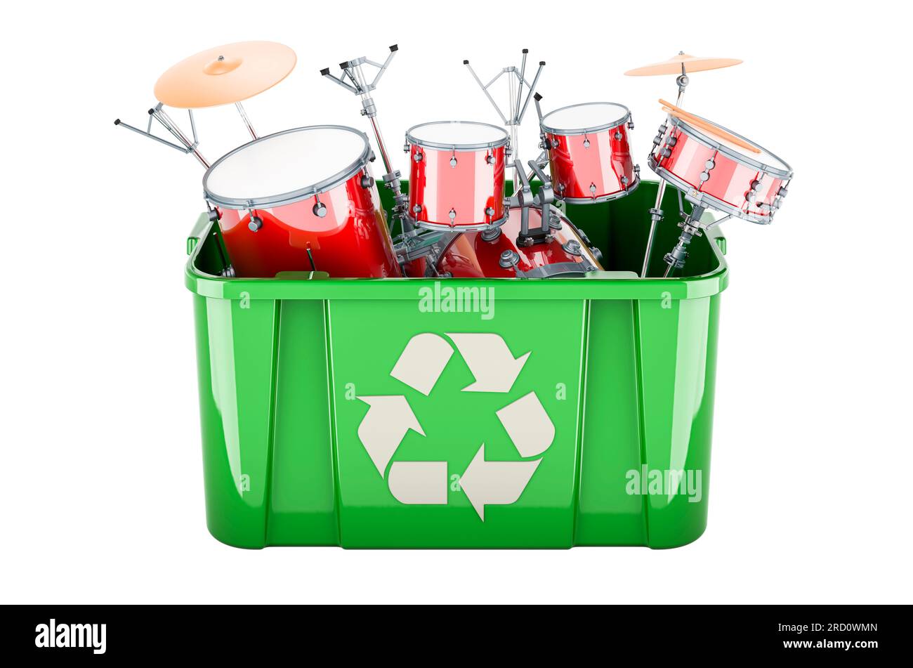 Recycling trashcan with drum kit, 3D rendering isolated on white