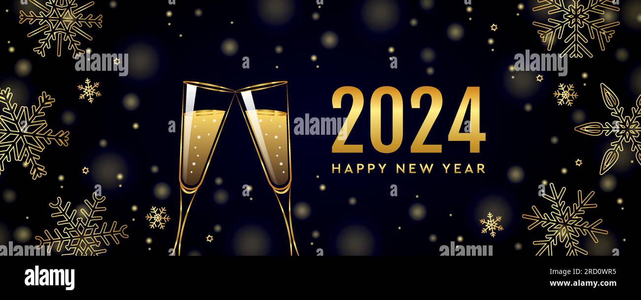 happy new year 2024 greeting card champagne and snowflake Stock Vector