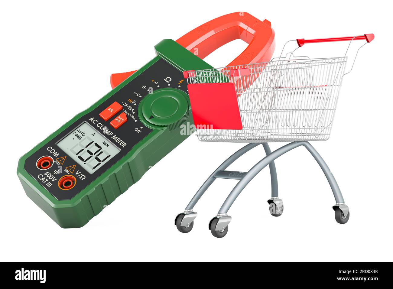 Digital multimeter with shopping cart. 3D rendering isolated on white