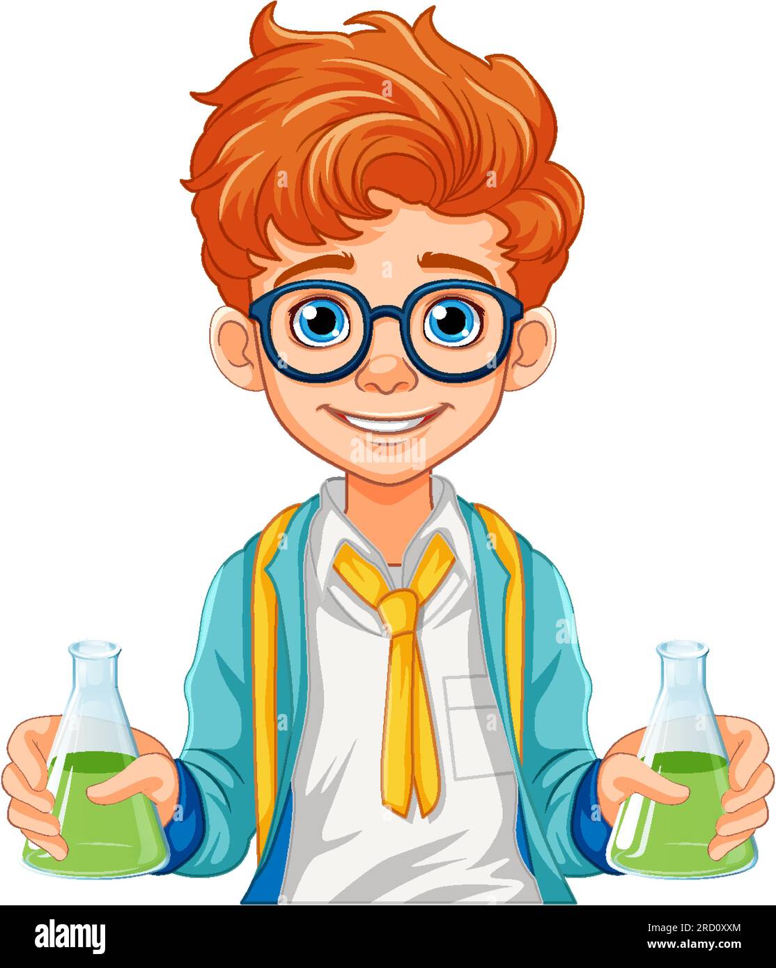 Male student cartoon holding conical flask on science class experiment