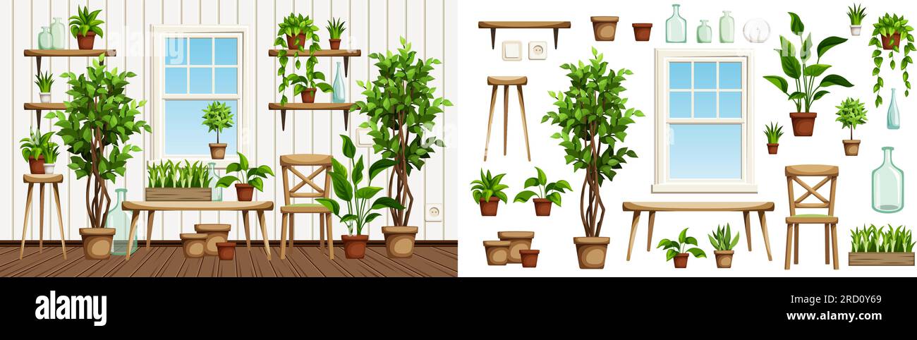 Room interior with lots of plants. Green houseplants in interior. Urban jungle interior design. Furniture set. Interior constructor. Cartoon vector Stock Vector