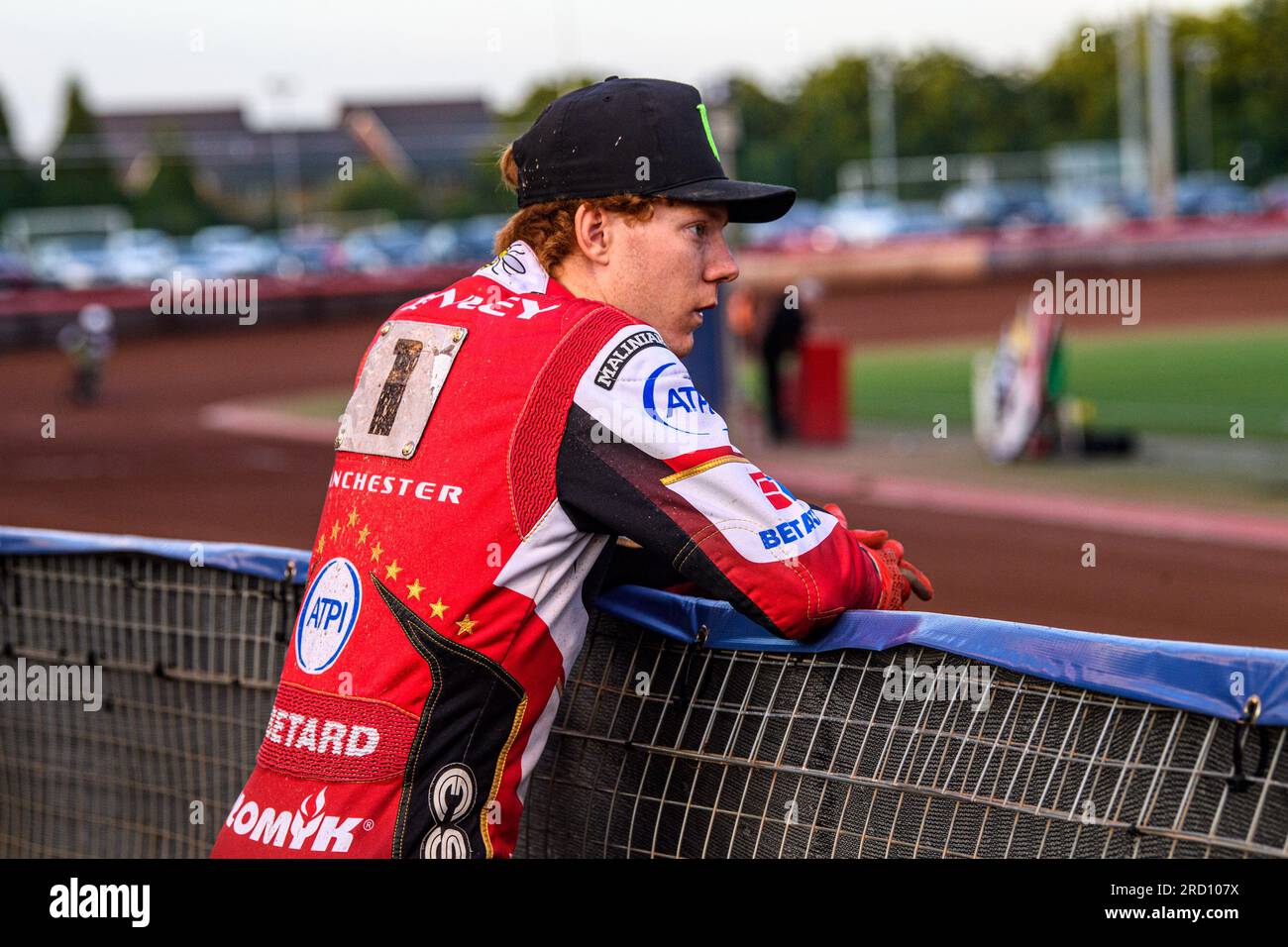National Speedway Stadium, Manchester on Monday 17th July 2023. Dan Bewley watches the track prep during the Sports Insure Premiership match between Belle Vue Aces and Ipswich Witches at the National Speedway Stadium, Manchester on Monday 17th July 2023. (Photo: Ian Charles | MI News) Credit: MI News & Sport /Alamy Live News Stock Photo