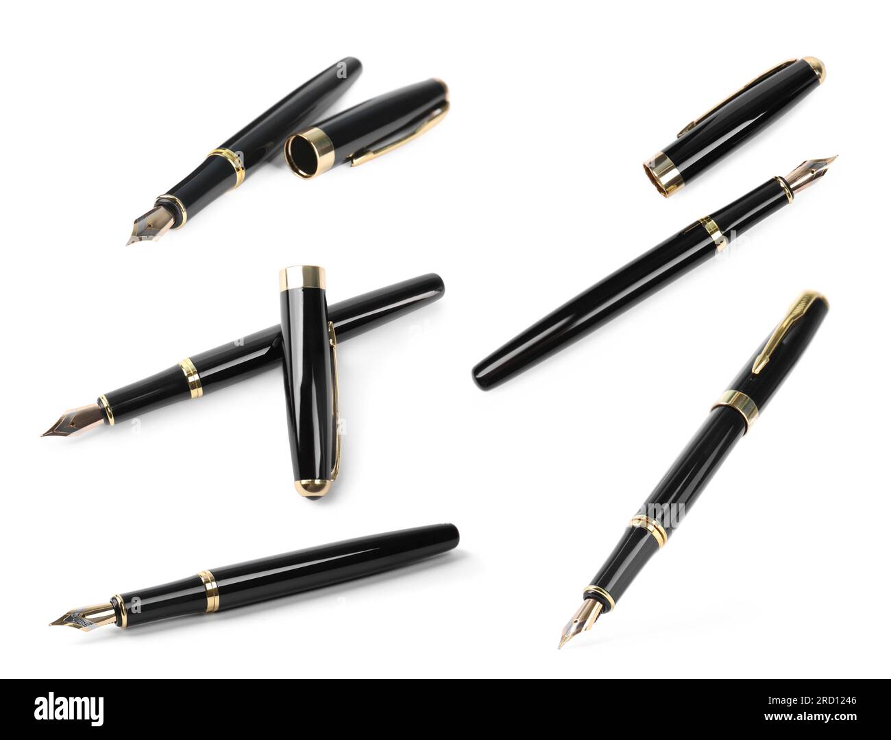 Collage with fountain pens on white background Stock Photo Alamy