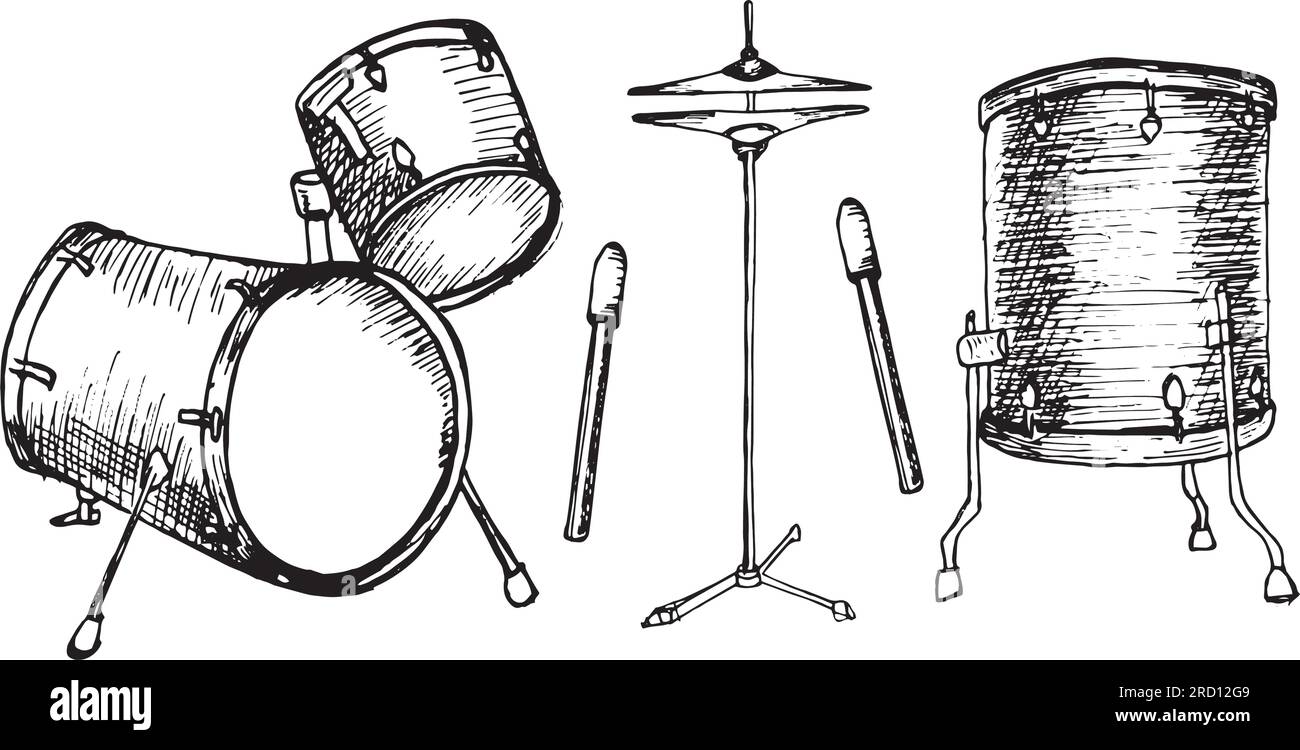 Set of drum kit, drumsticks vector illustration isolated. Musical