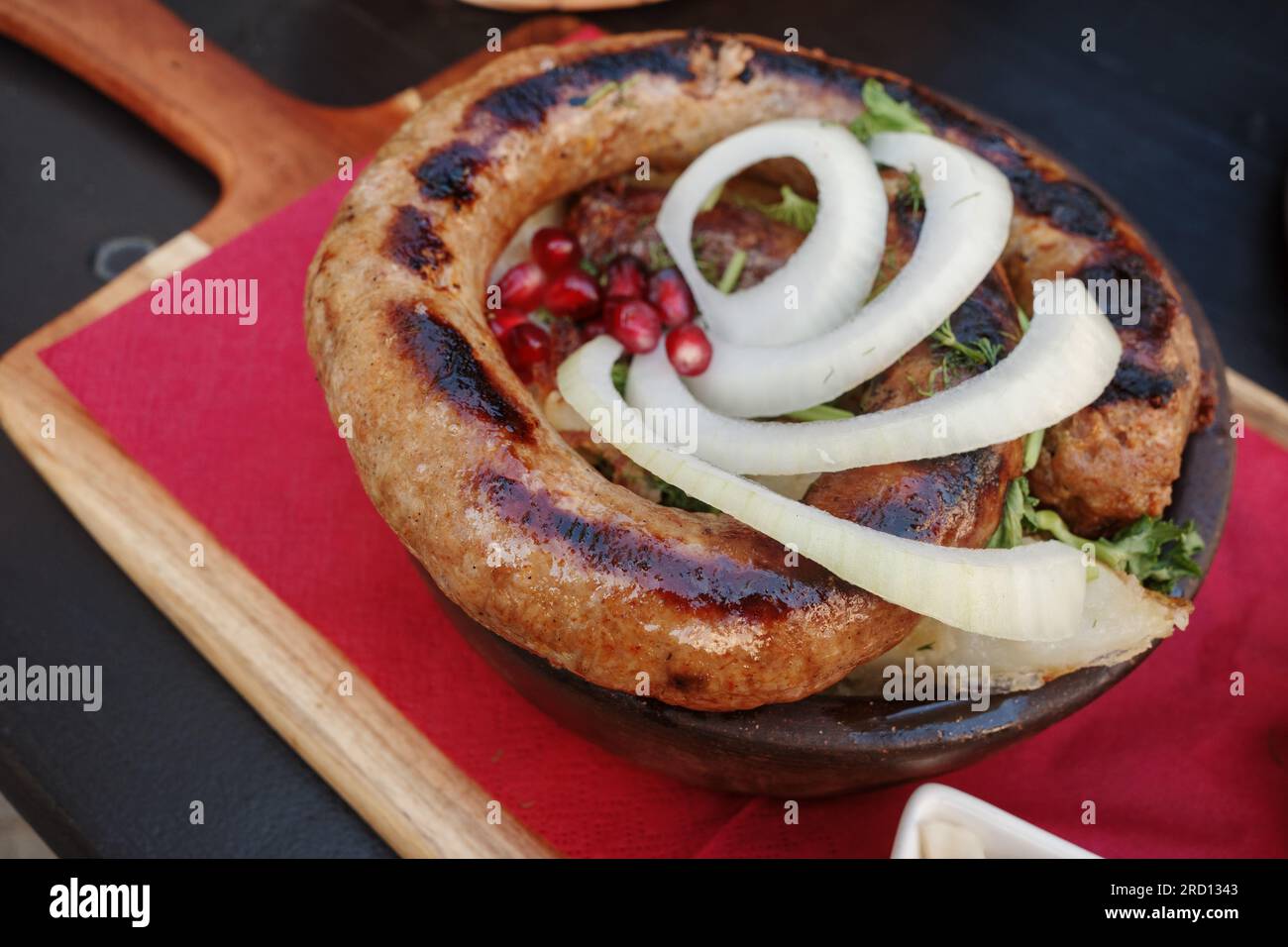 Top view, curl of Kupati, Georgian spicy sausage with distinct flavor