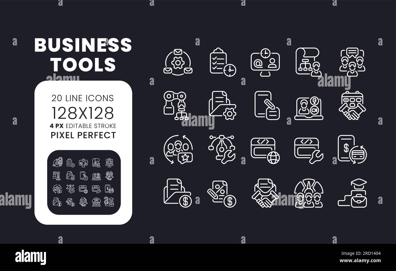 Business tools white linear desktop icons on black Stock Vector