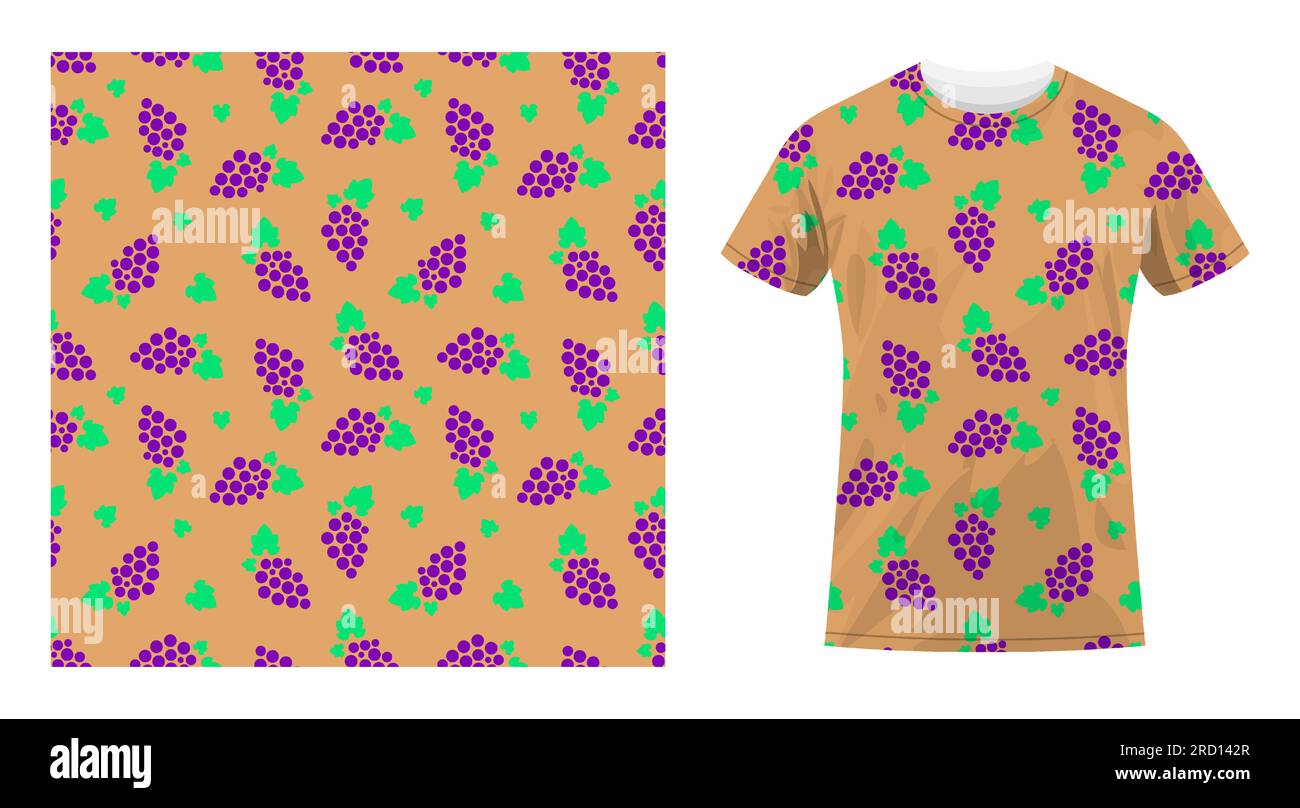 Short sleeved cotton sports t shirt decorated seamless pattern with sketchy bunch of grapes and leaves. Comfortable summer clothes. Vector ornament fo Stock Vector