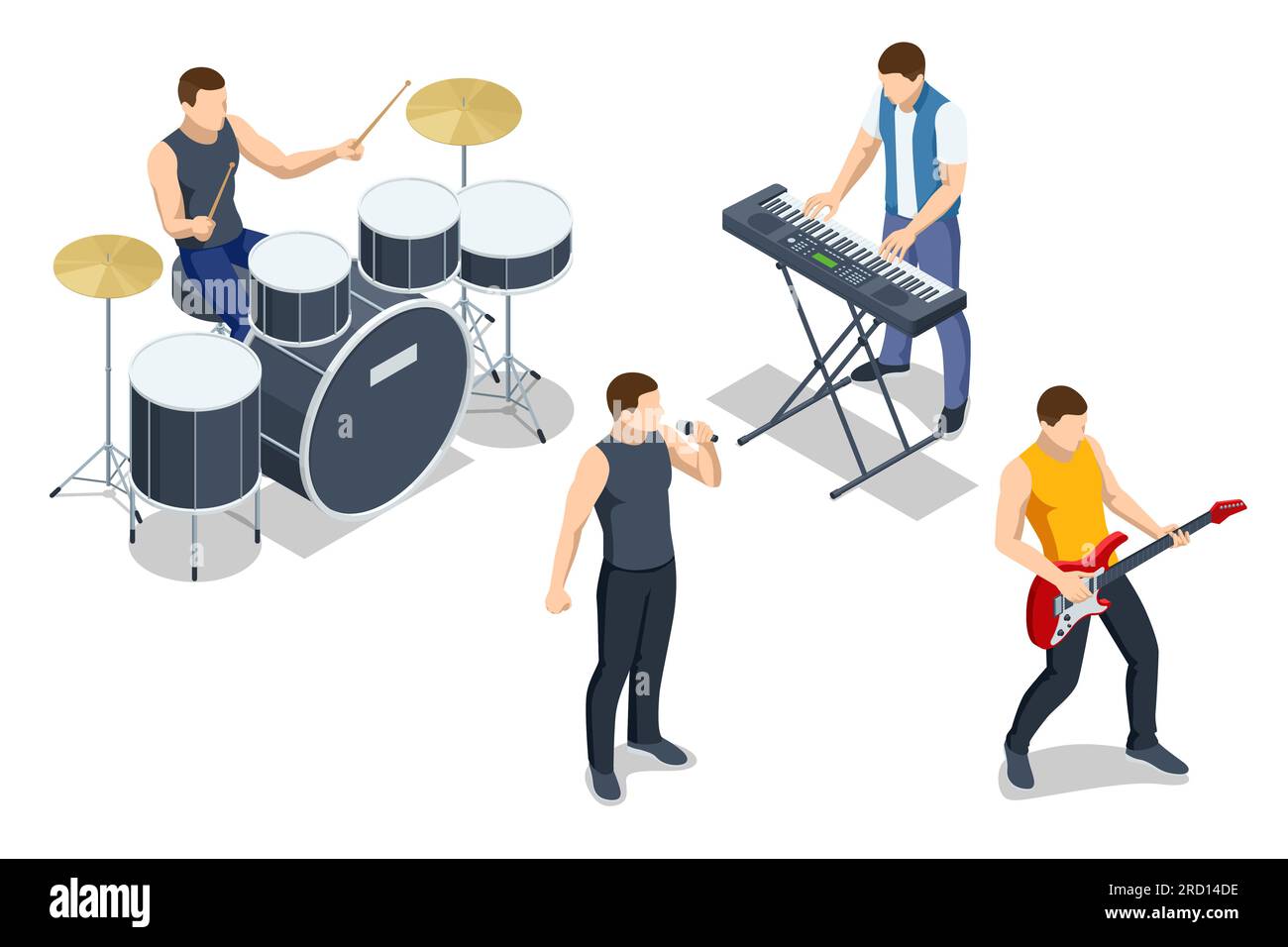 Isometric music band group perform on a concert stage. Drummer playing