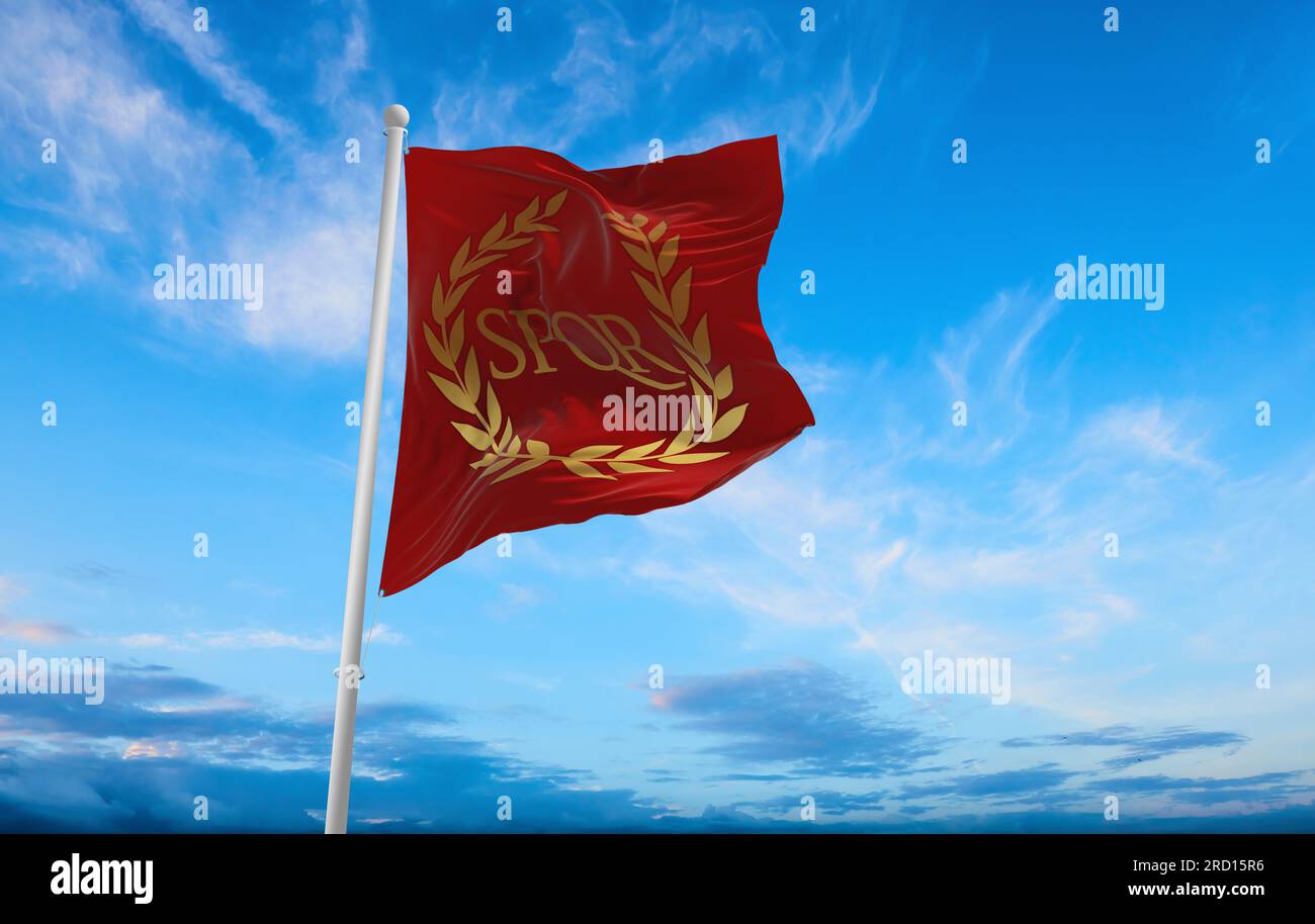 flag of Historic peoples Romans at cloudy sky background, panoramic