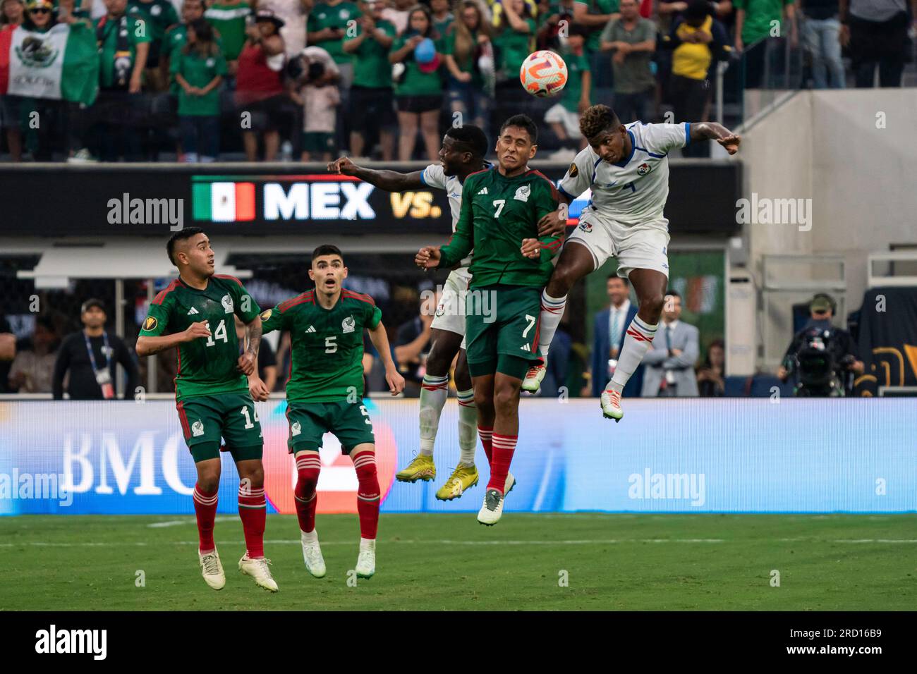 Panama defender Fidel Escobar (4) wins a header against Mexico midfielder Luis Romo (7) during the Concacaf 2023 Gold Cup final, Sunday, July 16, 2023 Stock Photo