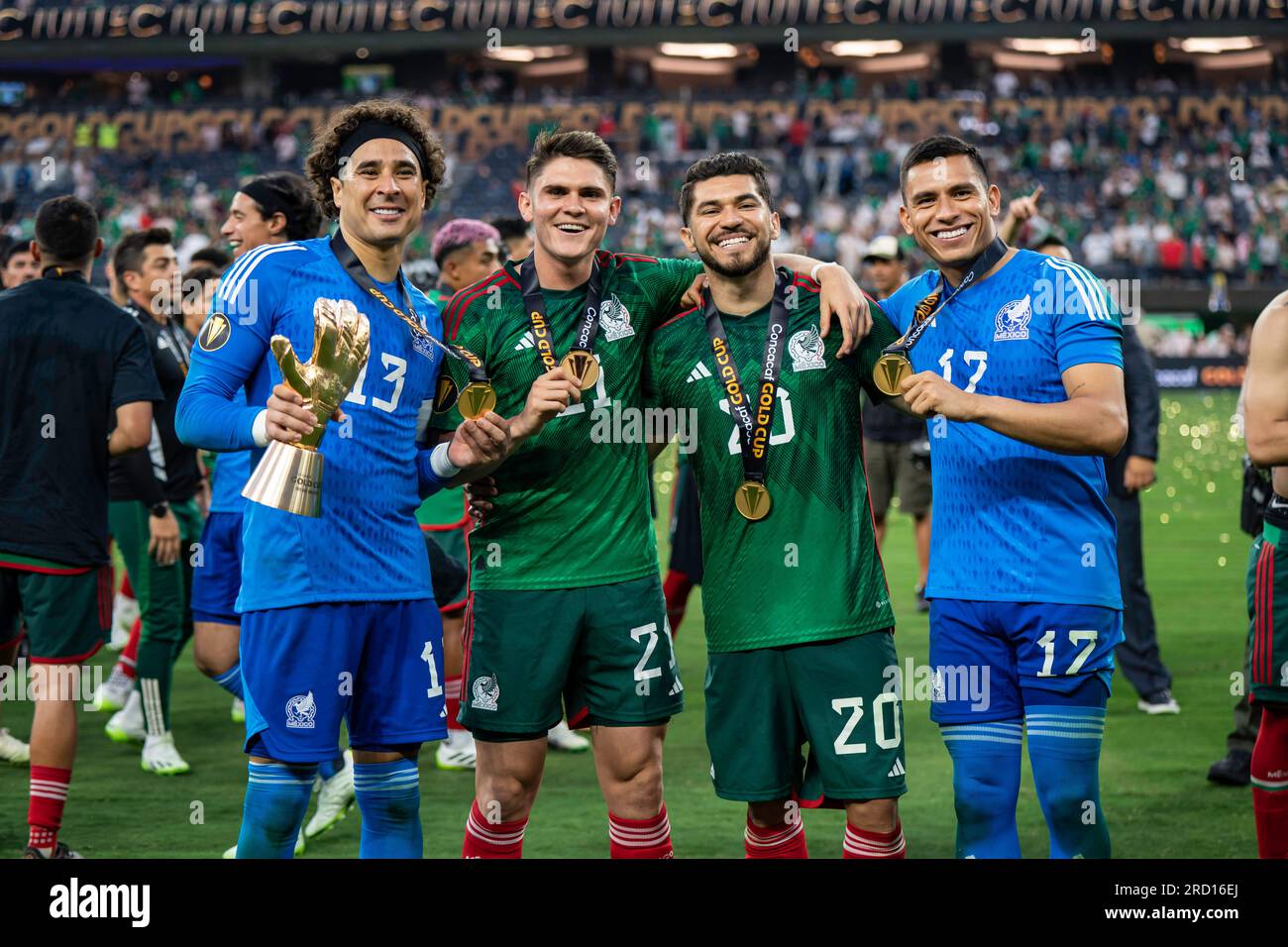 Mexico goalkeeper Guillermo Ochoa (13), defender Israel Reyes (21), forward Henry Martín (20) and goalkeeper  (17) during the Concacaf 2023 Gold Cup f Stock Photo