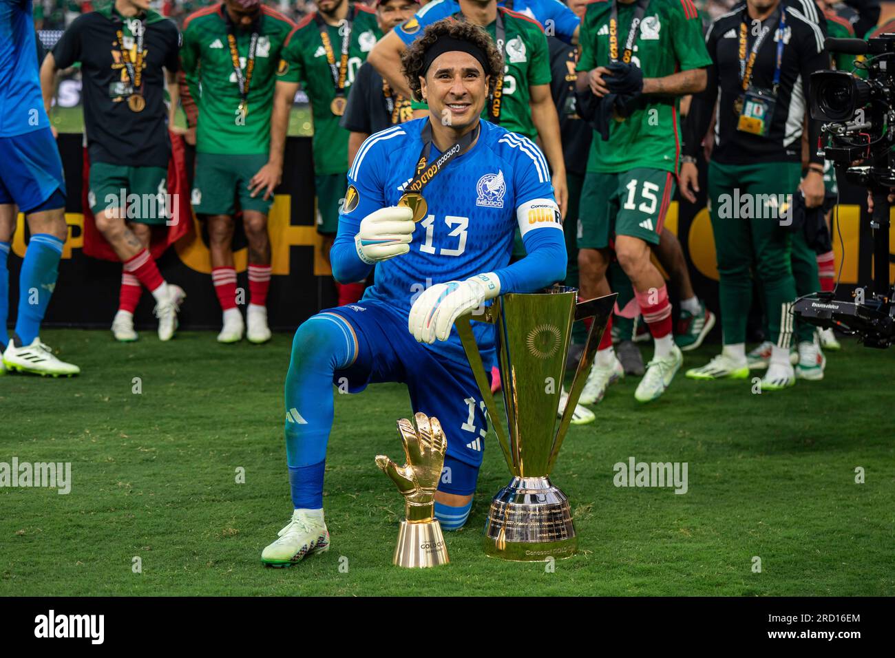 Mexico goalkeeper Guillermo Ochoa (13) after winning the Concacaf 2023 Gold Cup final against Panama, Sunday, July 16, 2023, at SoFi Stadium, in Ingle Stock Photo