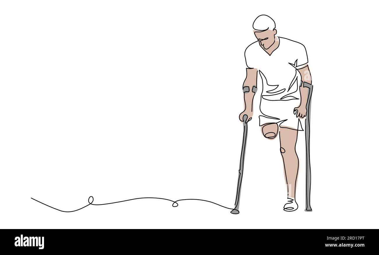 Disabled man with amputated leg, limb use crutches for support and walking. One continuous line art drawing. Simple vector illustration of disabled Stock Vector