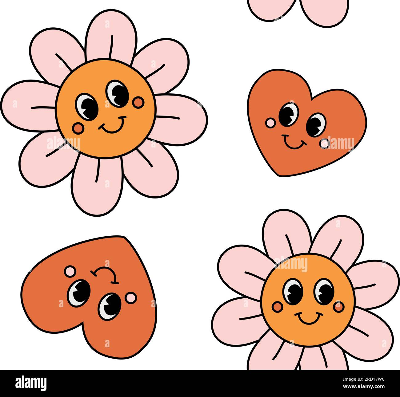Vector seamless pattern of retro groovy flowers and hearts isolated on ...