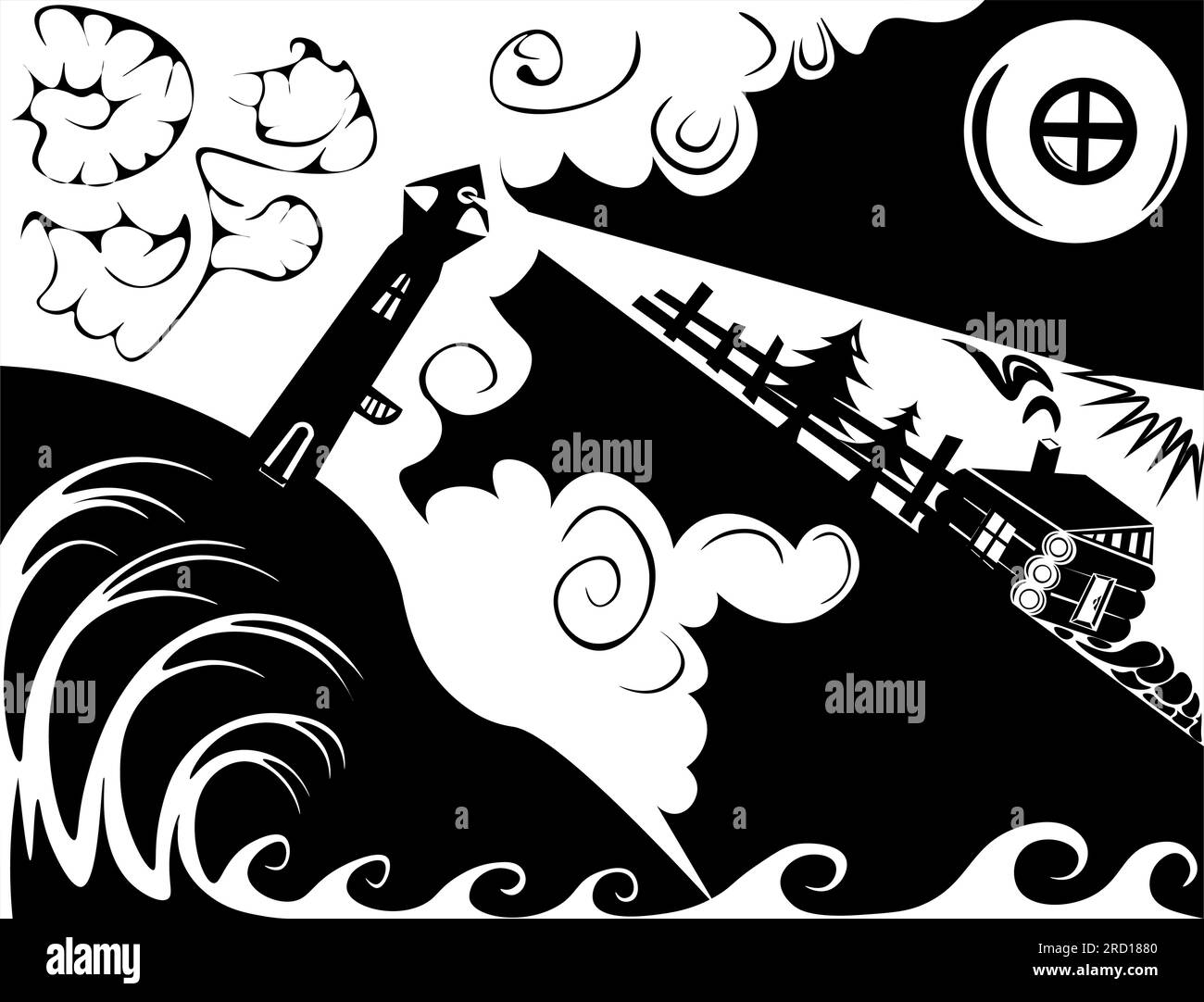 An evocative black and white vector illustration showcasing a lighthouse perched on a hill, with waves crashing below and trees scattered around. The Stock Vector
