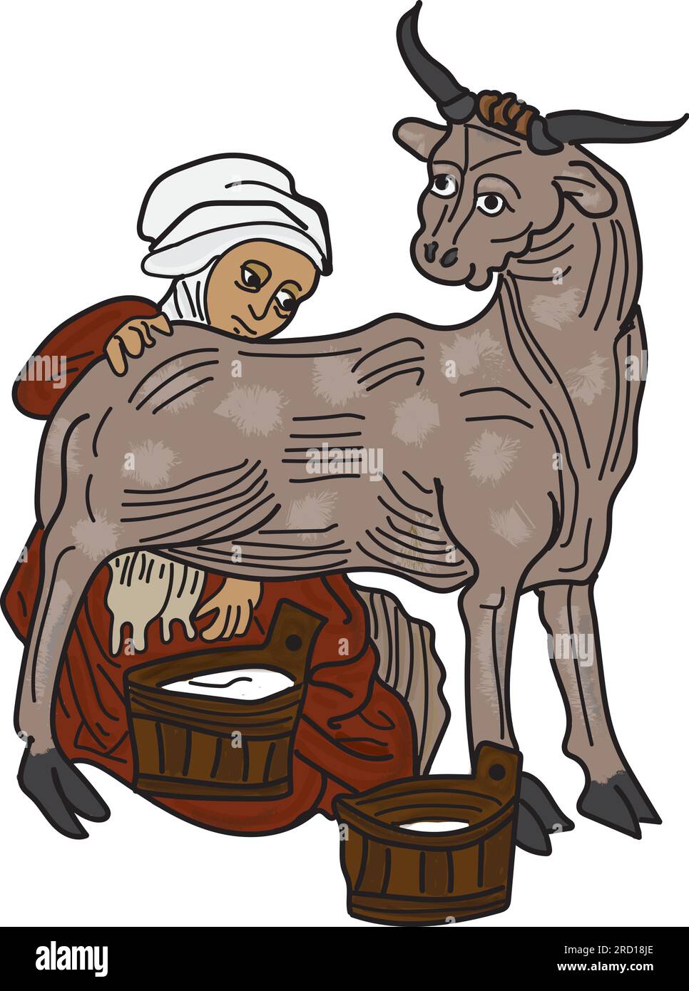 Medieval style woodcut illustration of a woman milking a cow, milkmaid Stock Vector