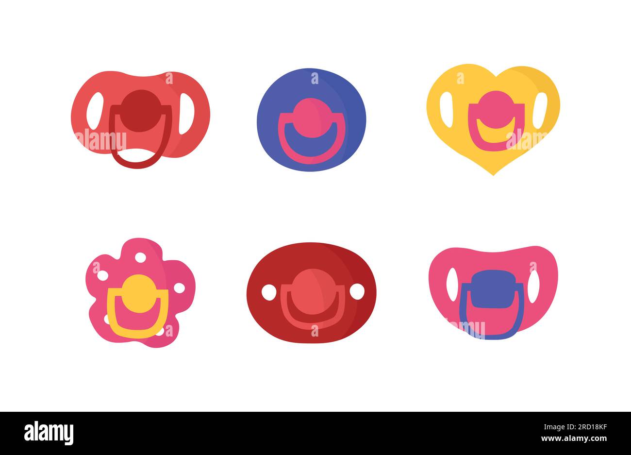 Cartoon baby pacifiers set with colors. Yellow and red floral shapes. Stock Vector