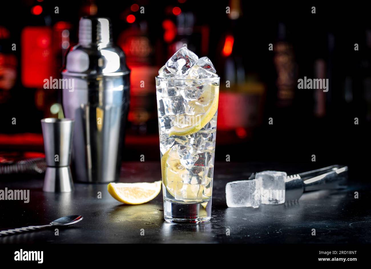 Vodka tonic alcoholic cocktail drink with cold vodka, lemon juice