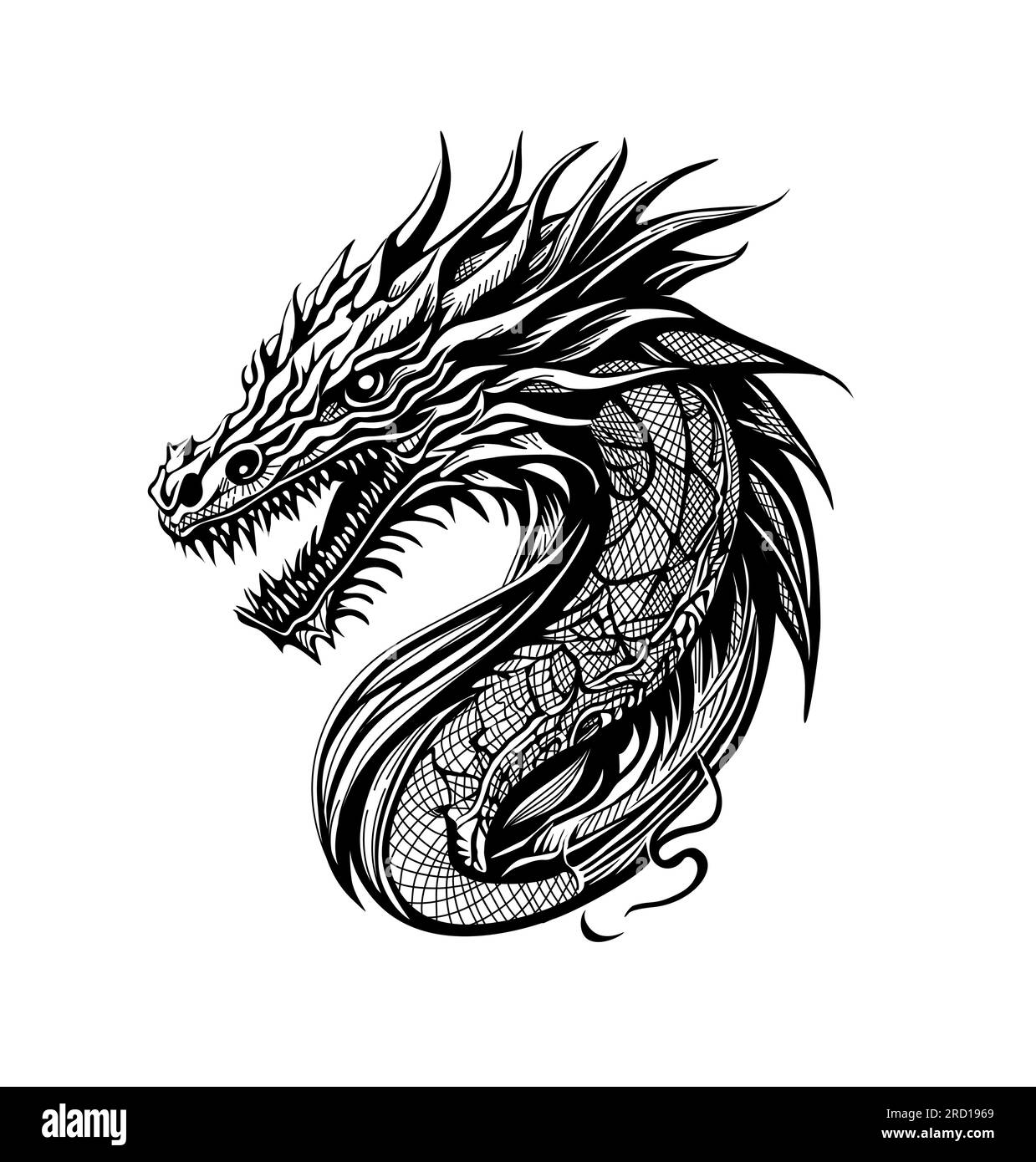 Japanese dragon black and white drawing vector. Stock Vector