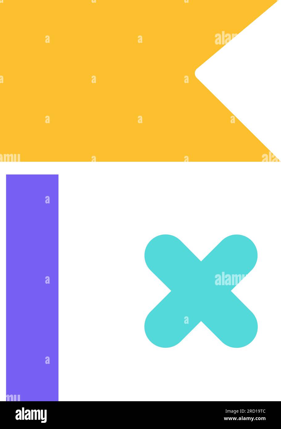 Yellow flag on flagpole with green cross marking point of arrival on route. Designation, symbols for tourist map direction indicator. Simple colored f Stock Vector