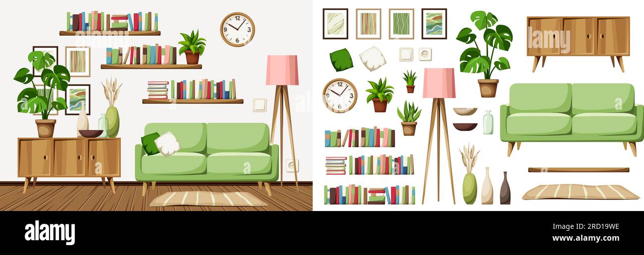 Living room interior design with a sofa, a dresser, books on ...