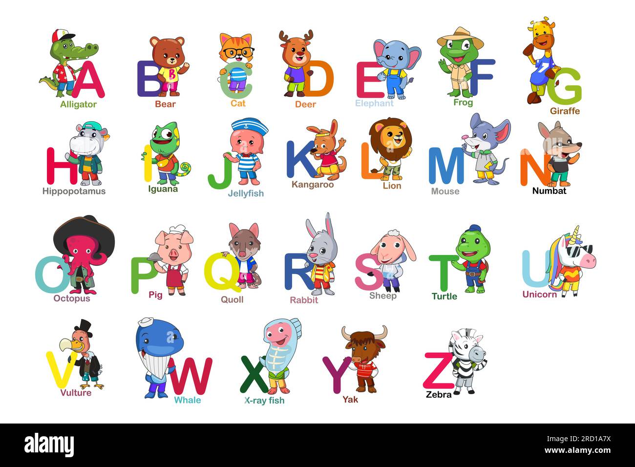 A vector illustration of Alphabet Animals A-Z Cartoon Stock Vector