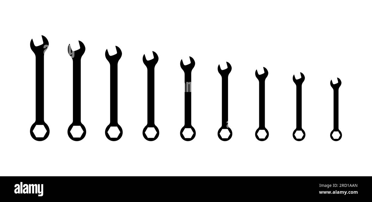 Spanner wrench icon set. Vector hand wrench spanner mechanical repair workshop key symbol tool service. Stock Vector