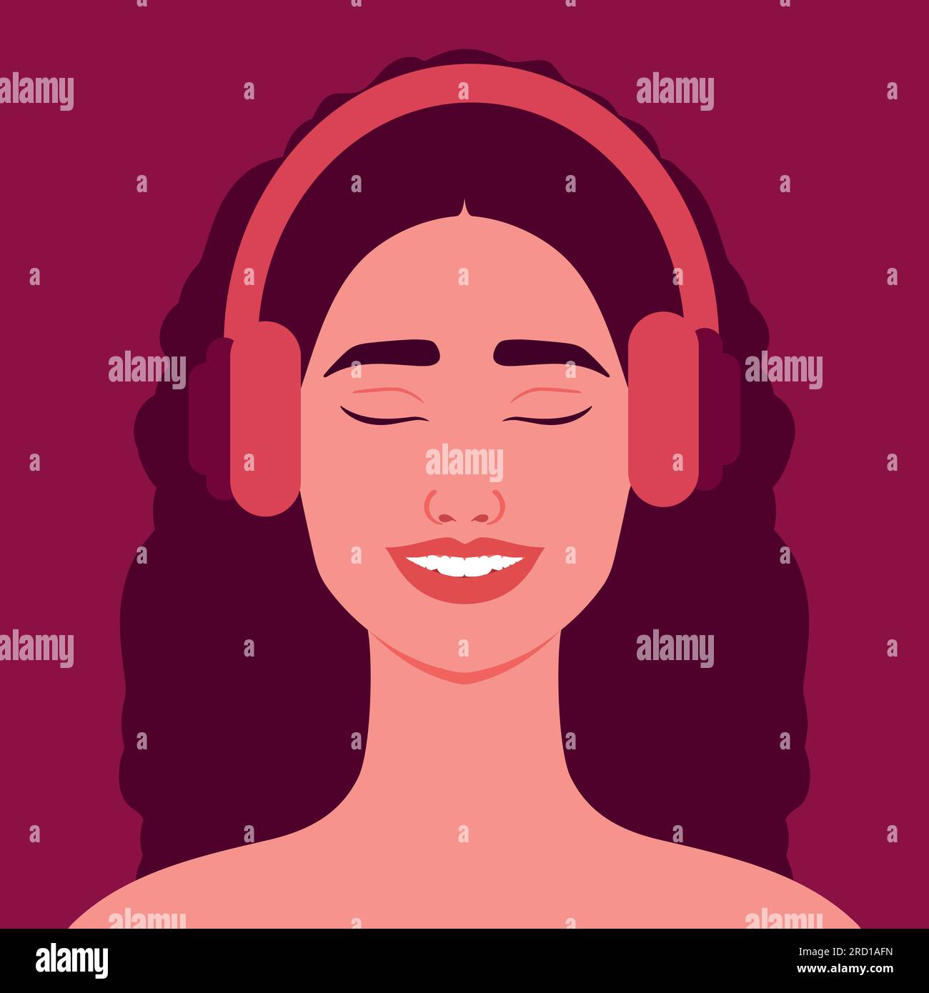 Beautiful smiling woman listening to music in headphones. Happy girl in headphones. Avatar. Vector illustration Stock Vector