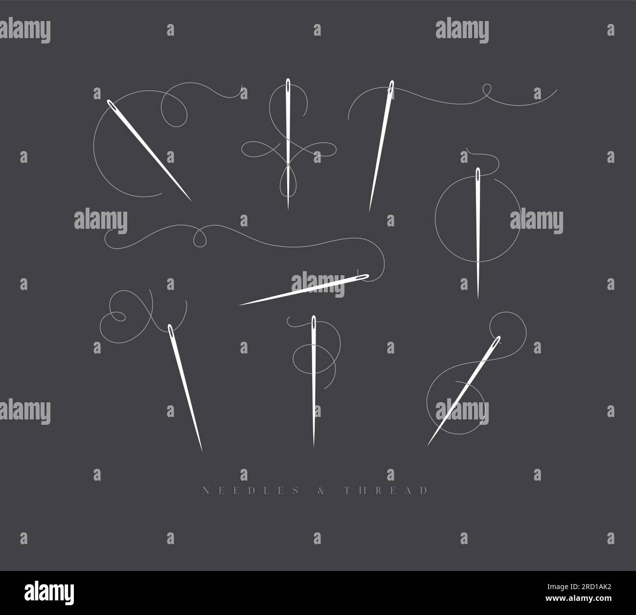 Needles and curly threads in different positions drawing on brown background Stock Vector