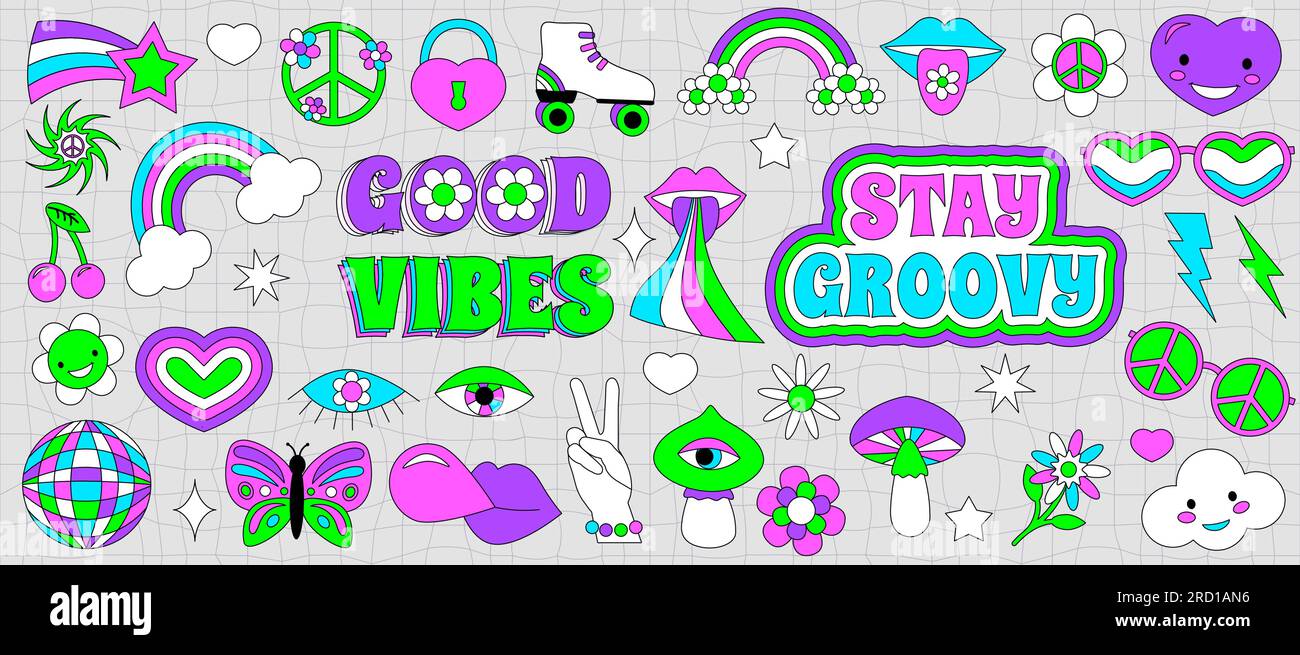 Groovy hippie sticker 70s set. Funny cartoon bright neon colors - flower, love, rainbow, peace, heart, daisy, mushroom, eye. Psychedelic pack in Stock Vector