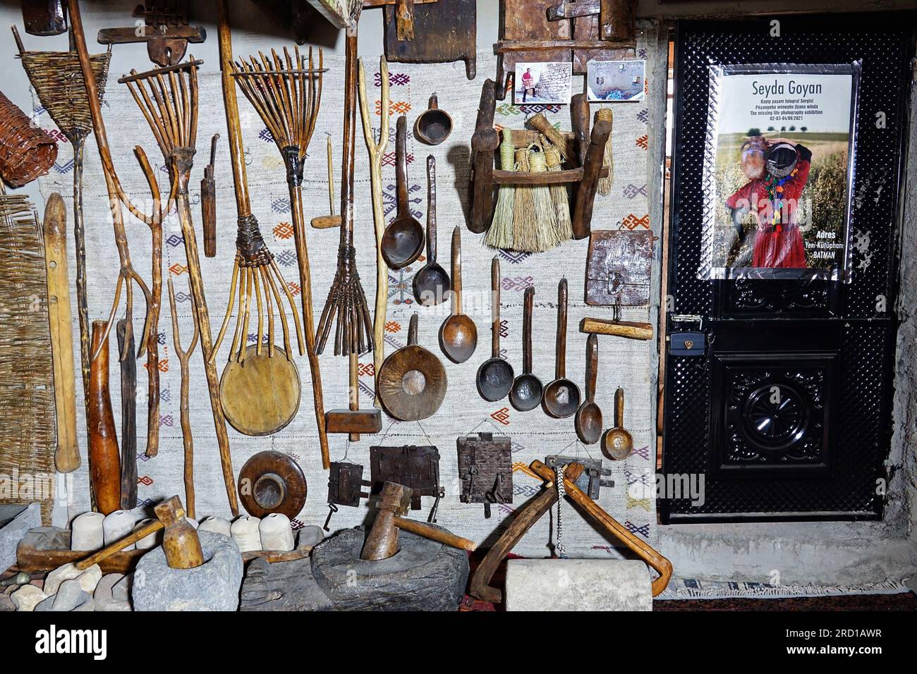 July 15, 2023, Uludere, Turkey: The old tools found at the Kurdish Ethnography Museum, used by the Kurds in agriculture and cuisine, are pictured. Folklorist Seyda Goyan, who has written 6 books about Kurdish folklore, founded the ''Seyda Goyan Kurdish Ethnography Museum'', where about a thousand ethnographic works are stored and exhibited with his own means. Seyda Goyan, who could not find an exhibition place for the works he collected in three years, made her 2-room historical house a museum in the Uludere district of Sirnak province in Turkey. (Credit Image: © Mehmet Masum Suer/SOPA Images Stock Photo
