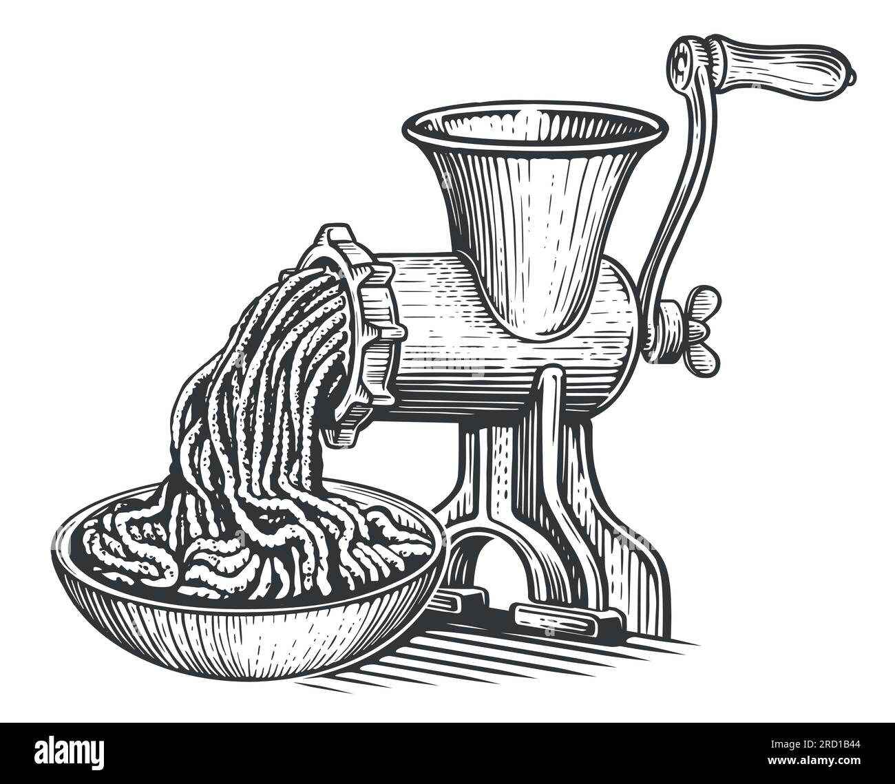 Vintage meat grinder. Retro mincer and mince. Cooking concept. Sketch vector illustration engraving style Stock Vector