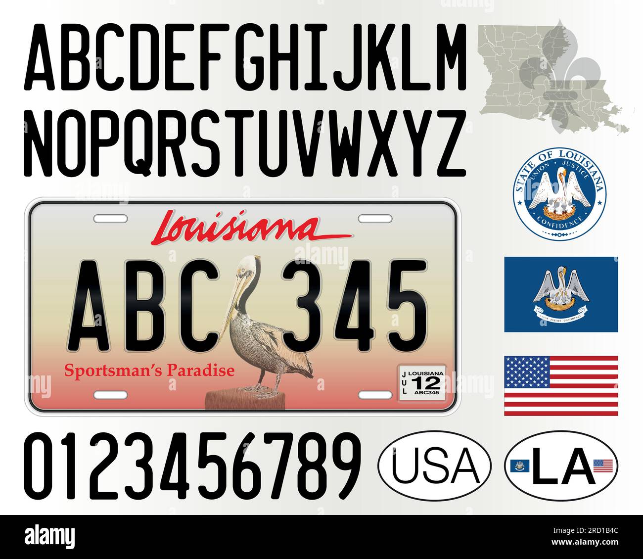 Louisiana State car license plate pattern, letters, numbers and symbols, vector illustration