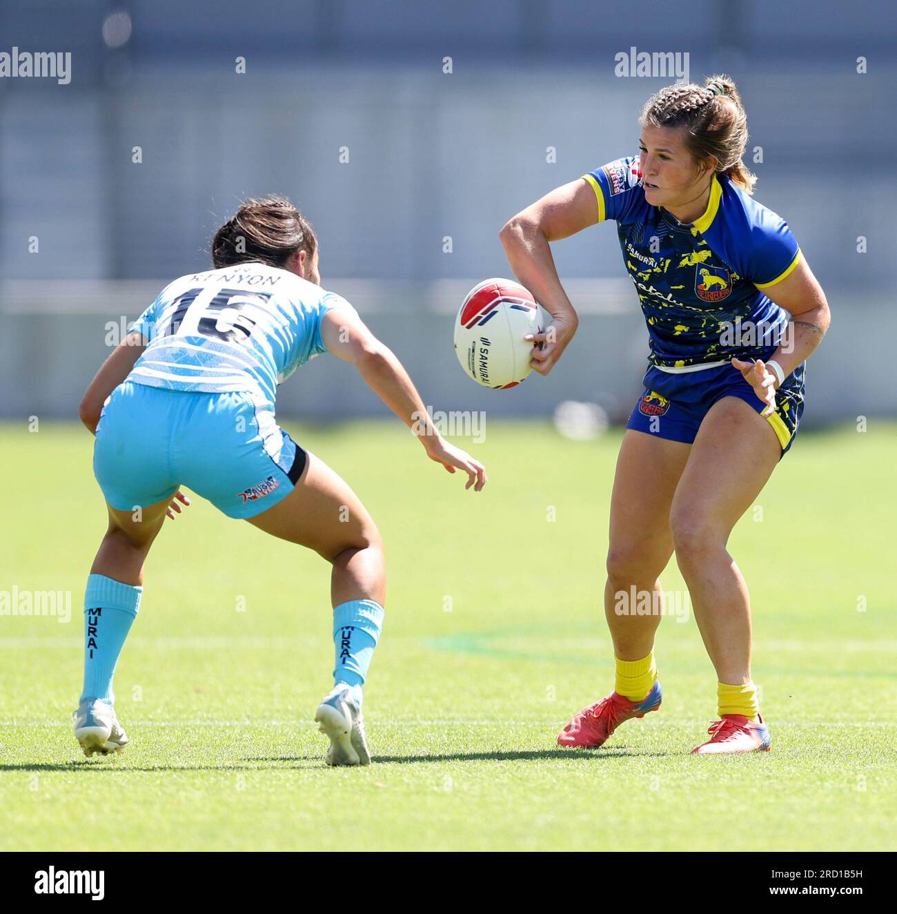 July 15, 2023, San Jose, California, U.S: Golden State Retrievers RAFAELA  ZANELLATO (14) passes the ball under pressure from Rocky Mountain Experts  NIKKI KENYON (15) during the Premier Rugby Sevens Western Conference