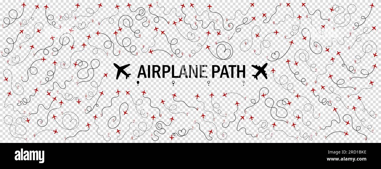Airplane or aeroplane routes path big set. Travel concept from start point and dotted line tracing. Aircraft tracking, flight plane path, travel, map Stock Vector