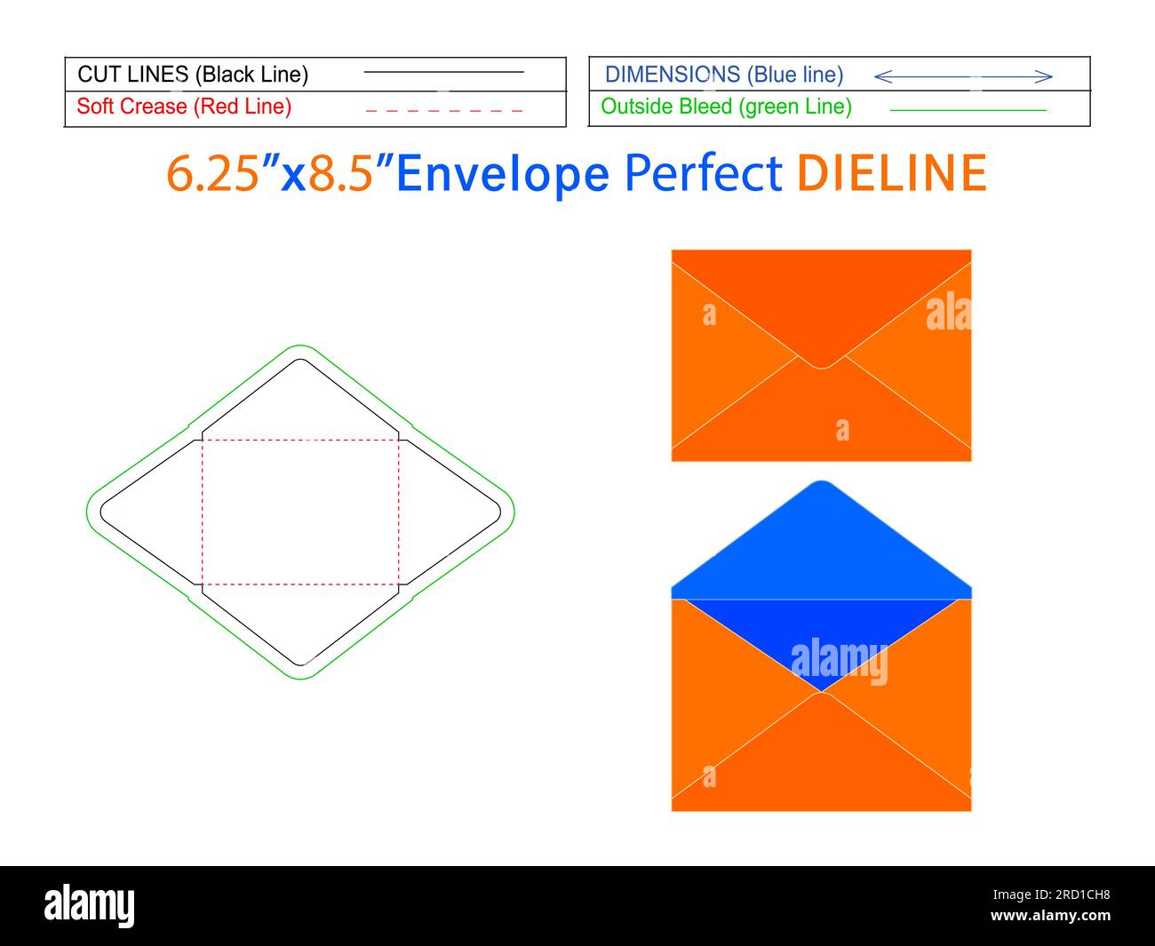 Pointed flap envelope 6.25x8.5 inch die line template and 3D envelope