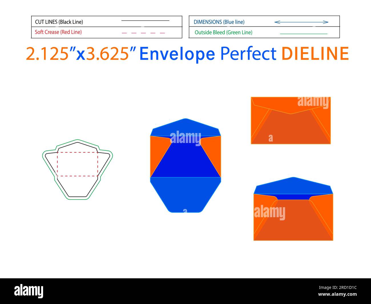 Packaging Regular Envelope 2.125x3.625 inch dieline template and 3D envelope editable easily resizable Stock Vector