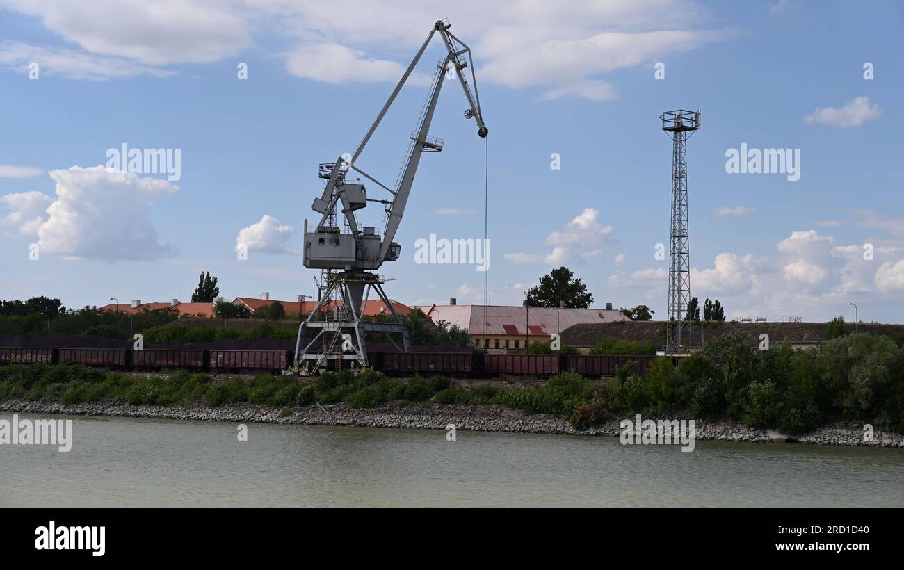 Cranes on the banks of the Danube River Stock Photo