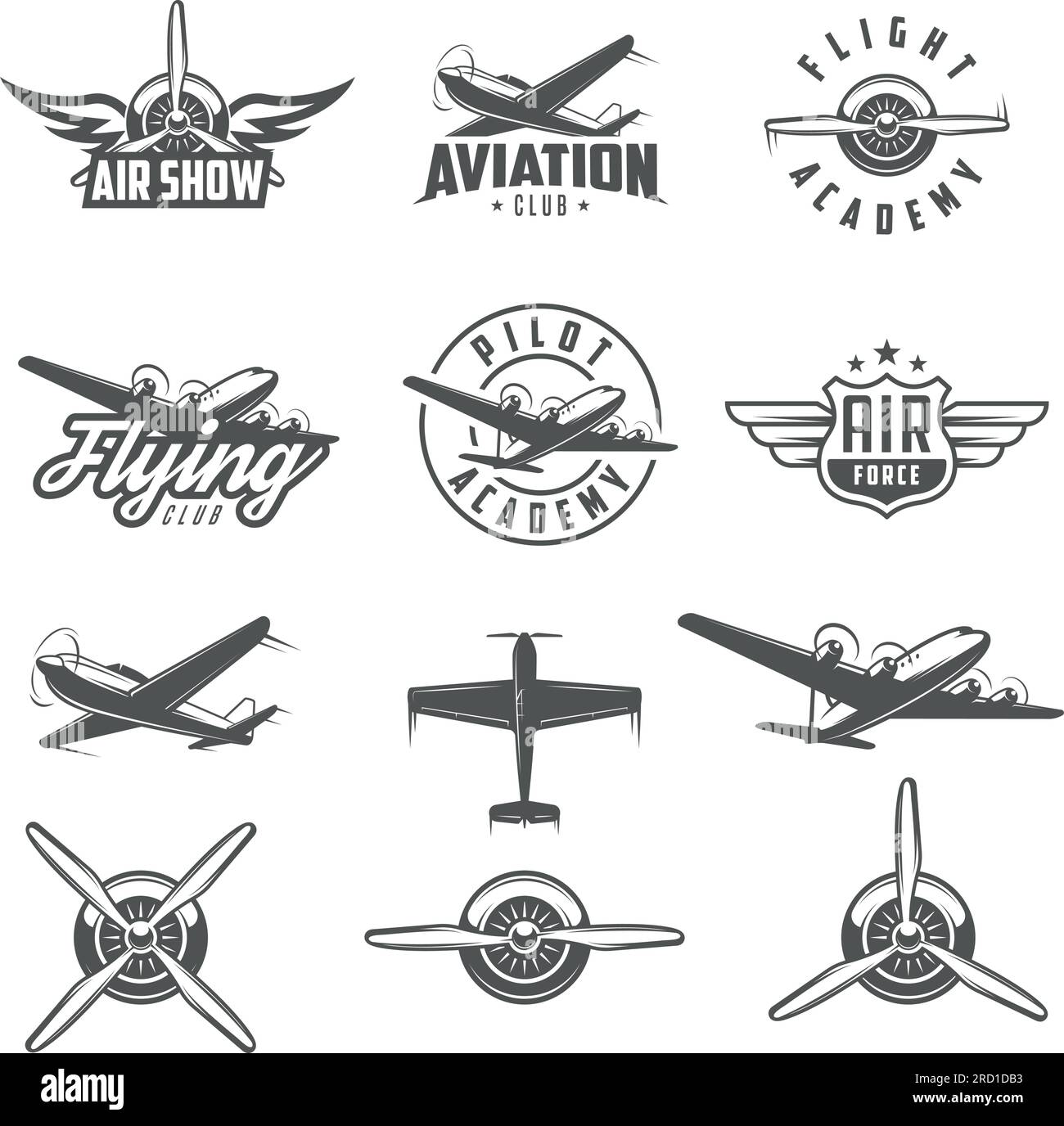 Set of airplane show labels and elements. Flying club. Air show Stock