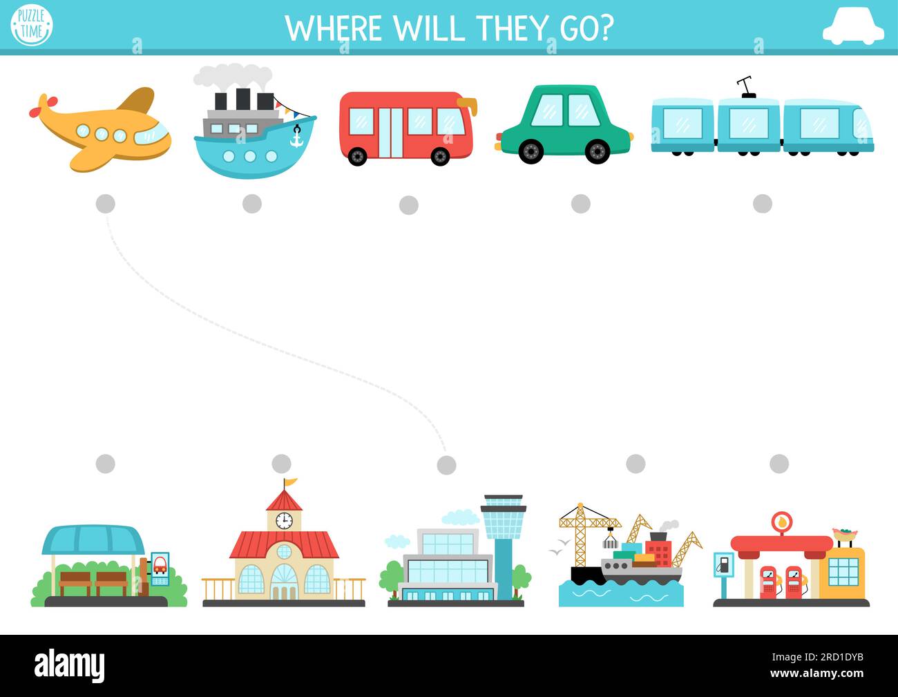 Transportation matching activity with cute plane, bus, ship, train and  places they go. City transport puzzle. Match the objects game. Match up  page or Stock Vector Image & Art - Alamy