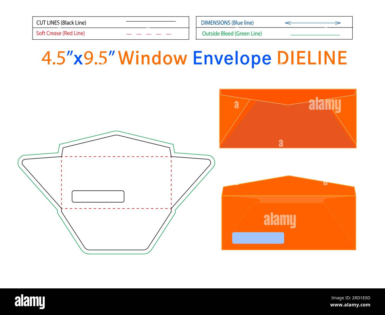 4.5x9.5 inch Window Envelope die line template and 3D envelope editable