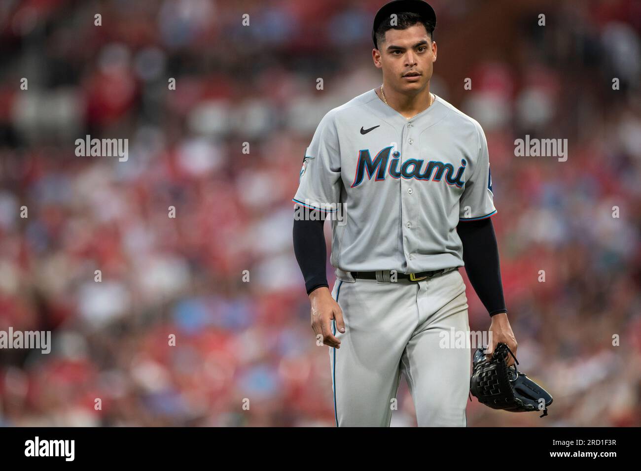 St. Louis, USA. 17th July, 2023. Miami Marlins starting pitcher Jesus  Luzardo (44) walks off the field after an inning during a MLB regular  season game between the Miami Marlins and St.