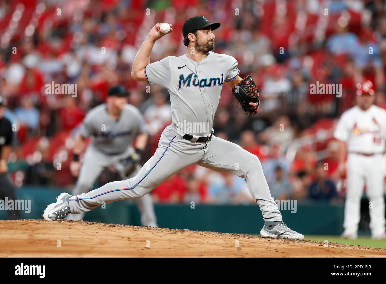 Miami Marlins relief pitcher JT Chargois (84) throws to the plate during a MLB regular season game between the Miami Marlins and St. Louis Cardinals, Stock Photo