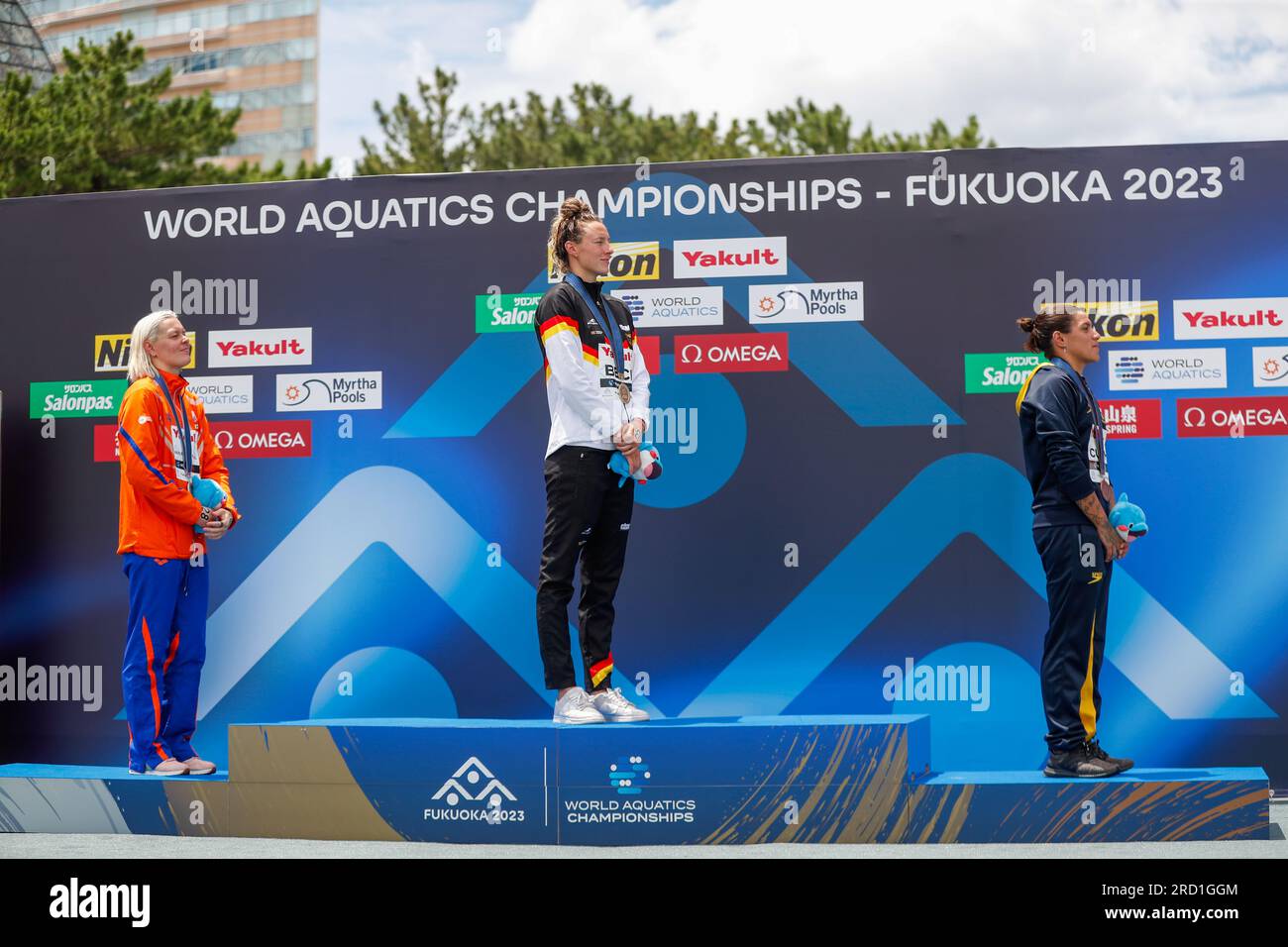 Fukuoka, Japan. 18th July, 2023. FUKUOKA, JAPAN - JULY 18: Sharon van Rouwendaal of the Netherlands, Leonie Beck of Germany and Ana Marcela Cunha of Brasil during the podium ceremony after competing in Open Water Women's 5km on Day 5 of the Fukuoka 2023 World Aquatics Championships at the Seaside Momochi Beach Park on July 18, 2023 in Fukuoka, Japan (Photo by Nikola Krstic/BSR Agency) Credit: BSR Agency/Alamy Live News Stock Photo