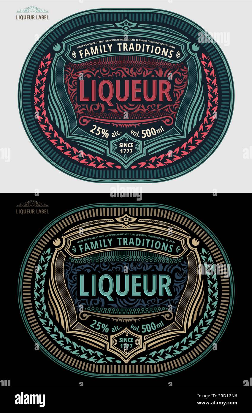 Liqueur label, modern style typographic template, beverage package