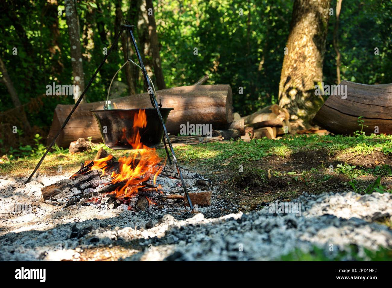 Preparing food on campfire in enamel pot Stock Photo
