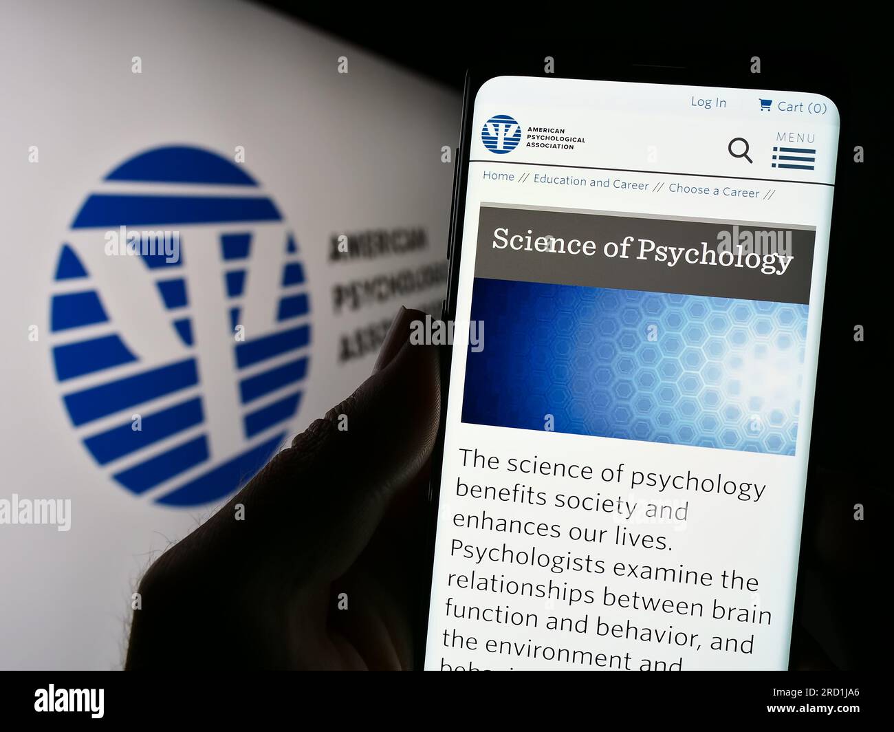 Person holding cellphone with webpage of American Psychological Association (APA) on screen in front of logo. Focus on center of phone display. Stock Photo
